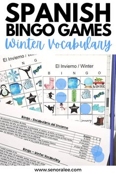 Spanish Winter Vocabulary Bingo Game with Pictures and Clues in Spanish and English Spanish Games, Middle School Activities