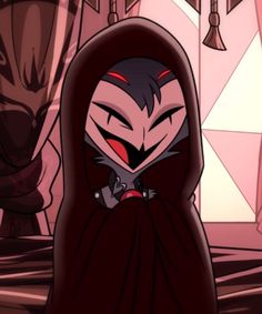 a cartoon character wearing a hooded outfit and holding a knife in front of her face