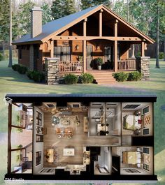 this is an image of a small log cabin with lofts and living quarters on the first floor