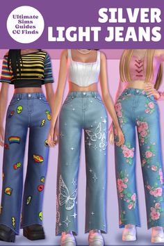 three different styles of jeans with flowers on them and the words, silver light jeans