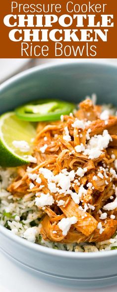 this pressure cooker chicken rice bowl is loaded with shredded white rice, avocado and cilantro