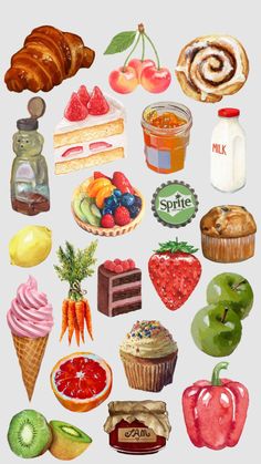 an illustration of various food items on a white background