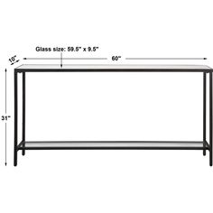 a black metal and glass console table with measurements