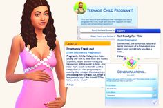 a woman in a pink dress standing next to a computer screen with the message teenage child pregnant on it