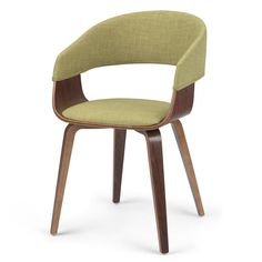 an upholstered chair with wooden legs and a green fabric seat pad, viewed from the front