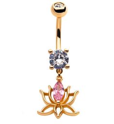 a gold belly ring with pink and blue stones