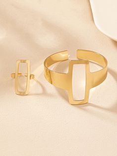 2pcs/set Minimalist Geometric Irregular Hollow Out Square Bangle And Ring Combination | stylewe Minimalist Irregular Jewelry For Gift, Gold Minimalist Jewelry With Irregular Shape, Gold Irregular Minimalist Jewelry, Minimalist Irregular Metal Jewelry, Minimalist Adjustable Geometric Jewelry, Seasons Activities, Metal Style, Olivia Mark, Jewelry Sets