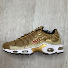 Look what I just found on Depop 🙌 https://depop.app.link/ucrAzFf86db Gold Trainers, Trainers Shoes, Nike Air Max Plus, Air Max Plus, Shoes Trainers