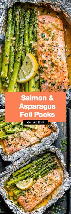 salmon and asparagus foil packets with lemon wedges