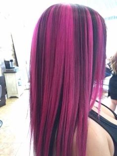 Pink Punk Hair, Pink Skunk Hair, Colors To Dye Hair, Fun Color Hair, Red Black Hair, Bright Pink Hair, Mouth Piercings, Pink And Black Hair