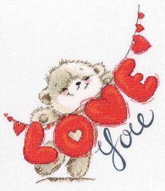 a cross stitch pattern with a teddy bear holding two red hearts and the word love