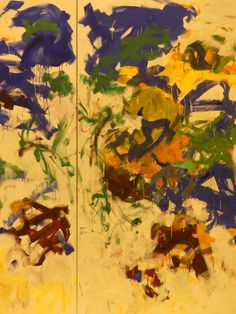 an abstract painting with blue, yellow and green colors