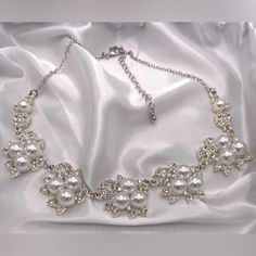 Elegant Pearl & Simulated Diamond Statement Necklace Perfect For A Wedding Or Night On The Town 16 Inches 3 Inch Extender New Without Tags Silver Looks Beautiful With A Sweetheart Neckline Elegant Rhinestone Necklace For Celebrations, White Rhinestone Bridal Necklace For Anniversary, White Rhinestone Necklace With Pearl Chain For Wedding, Pearl White Rhinestone Necklace For Wedding, Elegant White Necklaces For Celebrations, White Crystal Rhinestone Necklace For Anniversary, White Rhinestone Necklace For Wedding, Elegant White Rhinestone Necklace For Wedding, Formal White Bridal Necklace With Rhinestones