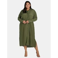 Step into effortless elegance with our Time and Tru Women's Midi Shirt Dress with Side Slits. Designed for everyone who values both style and comfort, this versatile piece seamlessly blends sophistication with laid-back charm. Crafted with long sleeves, it's perfect for transitioning between seasons, offering a chic silhouette that flatters every figure. Only at Walmart. Size: 4X.  Color: Green.  Gender: female.  Age Group: adult. Plus Size Summer Dresses, Dress With Long Sleeves, Plus Size Summer, Women Midi, Midi Shirt Dress, Womens Tie, Effortless Elegance, Mini Shirt Dress, Casual Summer Dresses