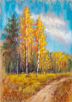 an oil painting of a dirt road surrounded by trees with yellow leaves on it and blue sky in the background