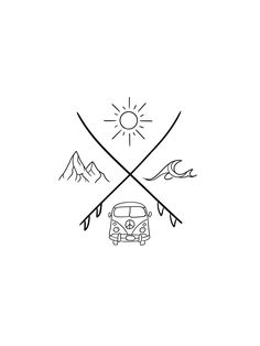 a black and white drawing of two crossed skis with the sun above them on a white background