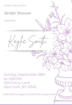 a purple and white bridal shower party card with an image of flowers in a vase