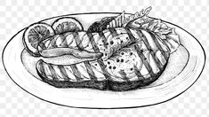 a plate with meat and vegetables on it, drawn in black and white lines png