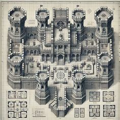 an architectural drawing of a castle with several floors and towers, all in different sections