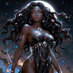 a painting of a woman with long hair and chains on her body, standing in front of the moon