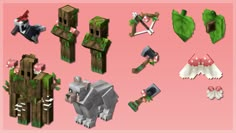 several different types of minecraft items on a pink background, including an elephant and other animals