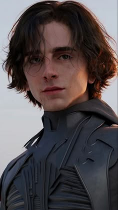 a close up of a person wearing a leather jacket and looking off to the side