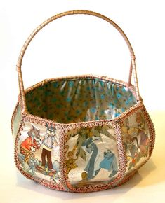 a basket that has some pictures on it