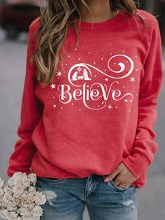 Red Casual Graphic Tops Round Neck Long Sleeve Believe Snowflake Printed Sweatshirt Casual Long Sleeve Shirts, Christmas Tops, Graphic Tops, Sweater Sale, Cozy Sweatshirts, Print Sweatshirt, Hoodies For Sale, Shirt Sale, Black Casual