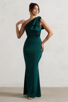 Lady | Bottle Green Satin One Shoulder Maxi Dress With Bow One Shoulder Maxi Dress, Club L London, Black Dress Prom, Black Tie Gala, Asymmetric Neckline, Party Dress Long Sleeve, Christmas Party Dress, Bridesmaid Outfit, Black Sequin Dress