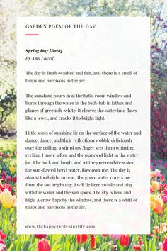 the garden poem of the day is written in front of tulips and other flowers