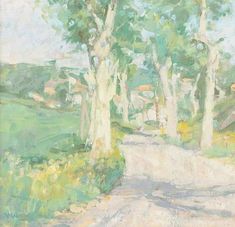 an oil painting of trees along a road with houses in the distance and green grass on either side