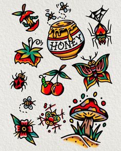 an image of some tattoos on the back of a sheet of paper with flowers and bugs