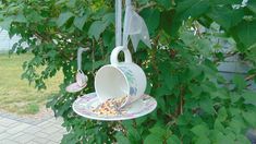 Sweet teacup bird feeder. I have used a vintage 1991 cup and saucer set to make a one of a kind feeder. contemporary design, stoneware.  hangs from a Silver ribbon. Includes small bag of seed to start feeding your feathered friends Teacup Bird Feeder, Farmhouse Cottagecore, Tea Cup Bird Feeder, Silver Ribbon, Bird Feeder, Upcycled Vintage, Cup And Saucer Set, Small Bag, Bird Houses