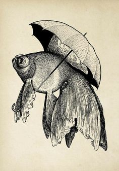 a drawing of a fish with an umbrella on its head, flying in the air