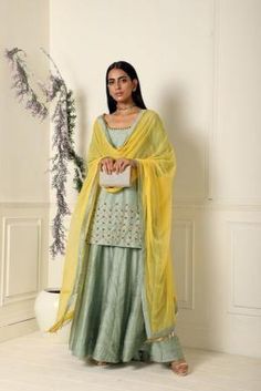 Sage Green Kurta and Sharara Set of 3 - Trendroots Kurta And Sharara Set, Green Sharara, Kurta And Sharara, Embroidered Salwar, Indian Designer Suits, Green Lehenga, Lehenga Style, Traditional Indian Outfits, Wedding Saree Indian