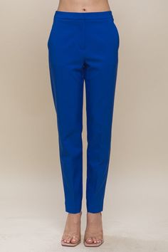 Blue Dress Pants For Spring Workwear, Blue Spring Dress Pants For Work, Stretch Blue Bottoms With Tapered Leg, Blue Stretch Tapered Leg Bottoms, Blue Dress Pants For Office In Spring, Blue Stretch Pants For Workwear, Luxury Blue Casual Dress Pants, Blue Stretch Straight Pants, Blue Slim Fit Dress Pants For Spring