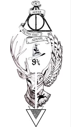 the harry potter crest with an owl, bird and triangle on it's side