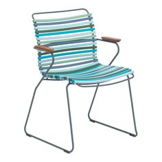 a chair made out of multicolored striped fabric and metal frame with wooden arms