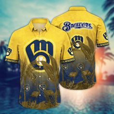 MLB Milwaukee Brewers Hawaiian Shirt Chase the Sunset Gift For Fans  It’s the perfect combination of Hawaiian style and MLB fandom. These unique MLB Hawaiian shirts are a must-have for football enthusiasts. Show your team spirit in a fun and tropical way by the beauty of Hawaii. Made from high-quality materials, they provide comfort and... Baseball Season Fan Apparel Shirt, Baseball Season Sports Fan Apparel Shirt, Fan Apparel Shirt For Baseball Season, Pre-shrunk Shirt For Sports Fans, Baseball Season Fan Gear Shirt With Team Spirit, Baseball Season Team Name Fan Gear Shirt, Sports Fan Shirt With Team Logo, Short Sleeve Tops For Baseball Season Fan Events, Sports Season Fan Merchandise Shirt With Sublimation Print