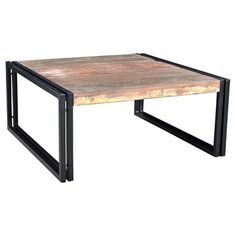 a wooden table with black metal legs and a square top on an isolated white background