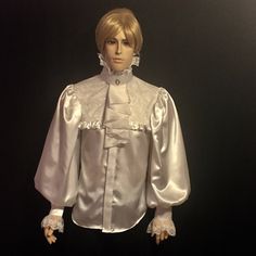 Elegant Satin Shirt With Buttons, Formal Blouse With Lace Trim And Ruffled Collar, Elegant Shirt With Fitted Ruffled Collar, Elegant Fitted Shirt With Ruffled Collar, Elegant Party Shirt With Buttons, White Ruffled Shirt For Formal Occasions, Formal White Ruffled Shirt, Classic Shirt With Ruffled Collar For Formal Occasions, Classic Formal Shirt With Ruffled Collar