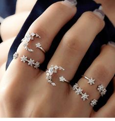 Celestial Crescent Moon & Stars Ring Set - Floral Fawna Different Rings, Fashion Ring Set, Rose Gold Ring Set, Celestial Ring, Moon And Star Ring, Gold Color Ring, Boho Crystal, Knuckle Ring, Geometric Ring