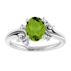 Filigree Oval Shape Peridot Ring Platinum, Floral Peridot Diamond Ring, Nature Inspired Green Peridot Engagement Ring August Birthstone Ring, 16TH Anniversary Gift For Her, Gemini Birthstone Birthstone: August  Anniversary: 16 Zodiac: Gemini Natural peridot with accent natural diamond set solid 14k or platinum. RING DESCRIPTION: Center Stone Type: Natural Peridot Center Stone Quality: AAA Center Stone Shape: Oval Shape Center Stone Measurement: 8x6mm Center Stone Carat Weight Approx: 1.40 Carat Elegant Peridot Birthstone Ring With Prong Setting, Green Peridot Birthstone Ring With Prong Setting, 16th Anniversary Gifts, Luxury Peridot Multi-stone Rings, Gemini Birthstone, Lime Green Peridot Birthstone Ring, Luxury Peridot Three-stone Rings, 16th Anniversary, Peridot Engagement Rings