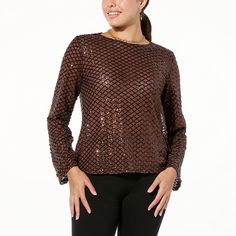 TWRHLL by Christie Brinkley Sequin Crew-Neck Top  TWRHLL is keeping you warm and bright this fall and winter with a twinkling, long-sleeve top that also transitions into spring. The sequin-detailed layer is so fab for styling with lots of looks—jeans when you're feeling more relaxed, fun skirts and sleek pants when you're feeling more festive, and peeking out from under a cardi or blazer when you're feeling more playful. Brown Tops For Fall Night Out, Brown Fall Top For Night Out, Brown Top For Night Out In Fall, Fall Tops For Night Out, Brown Winter Party Tops, Winter Party Brown Tops, Festive Stretch Tops For Fall, Festive Fall Stretch Tops, Fun Skirts