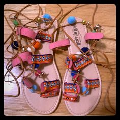 Never Worn / Perfect Condition Purchased In Spain! Multicolor Adjustable Strap Sandals, Multicolor Adjustable Sandals, Multicolor Open Toe Sandals With Adjustable Strap, Multicolor Summer Sandals With Adjustable Strap, Bohemian Adjustable Sandals For Summer Outings, Adjustable Bohemian Sandals For Summer Outings, Pink Round Toe Lace-up Sandals For Beach, Fun Adjustable Sandals For Spring, Adjustable Fun Sandals For Spring