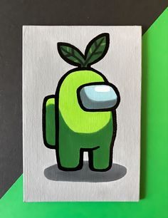 a painting of a green cartoon character with leaves on it's head and eyes