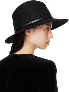 Felted wool fedora in black. · Logo hardware at grained calfskin hat band · Grosgrain browband · Unlined Supplier color: Nero/Nero/Black Luxury Brimmed Fedora For Fall, Elegant Black Fedora With Flat Crown, Classic Leather Fedora With Flat Brim, Classic Wide Brim Workwear Hat, Classic Wide Brim Work Hats, Luxury Wool Fedora With Flat Brim, Classic Wide Brim Hats For Workwear, Classic Brimmed Workwear Hats, Black Flat Brim Felt Hat For Formal Occasions