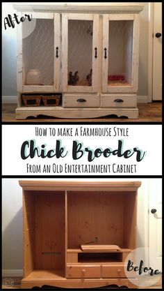 an old entertainment cabinet turned into a chicken coop