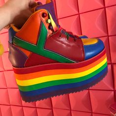 Yru Pride Collection Rainbow Platform Sneakers. Really Wanted A Pair Of These And They Were Sold Out In 7’s So I Bought A 6 And They’re Just Too Tight At The End Of The Day. I Did Squeeze In For A Couple Uses And They Have Some Stains That Can Be Seen In The Photos But They’re In Overall Condition. Sold Out And No Longer Made Multicolor High-top Platform Sneakers For Streetwear, High-top Multicolor Platform Sneakers For Streetwear, Multicolor Synthetic High-top Sneakers, Multicolor Spring Platform Sneakers, Trendy Multicolor Synthetic High-top Sneakers, Multicolor Custom Sneakers For Spring, Multicolor Platform Sneakers For Streetwear, Multicolor Custom Sneakers With Round Toe For Spring, Multicolor Platform Sneakers For Spring Streetwear