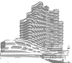 an architectural drawing of a building with multiple levels and balconies on the top